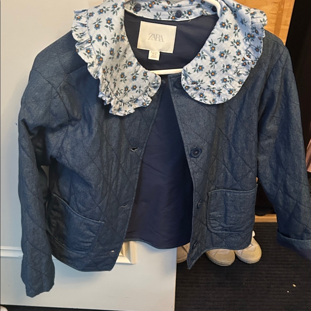 Zara kids Navy Quilted Jacket with Floral Trim size 12